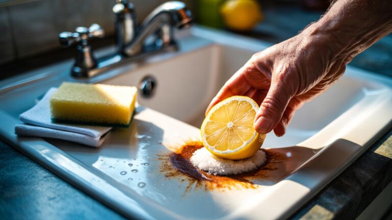 Illustration of a salt scrub with coarse crystals and lemon juice being used to lift a rust stain from a porcelain sink