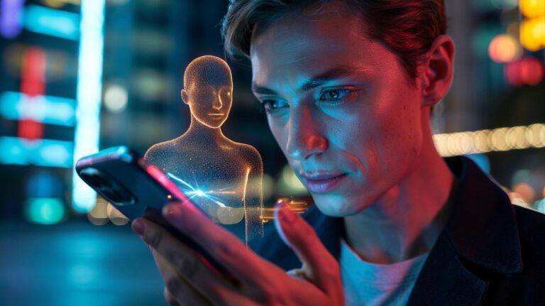 Illustration of a smartphone with a built-in AI companion acting as a proactive virtual friend