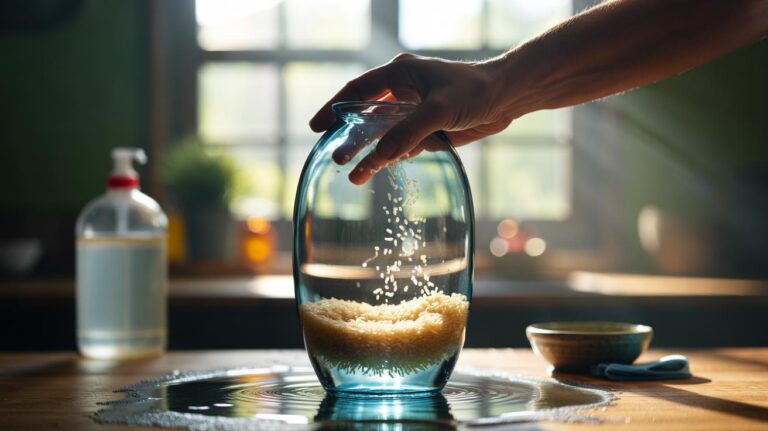 Illustration of the one-cup rice trick using uncooked rice, water, and washing-up liquid to clean a narrow-neck vase without damage