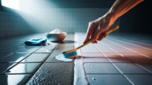 Illustration of a hand using a toothbrush and bicarbonate of soda paste to clean tile grout white