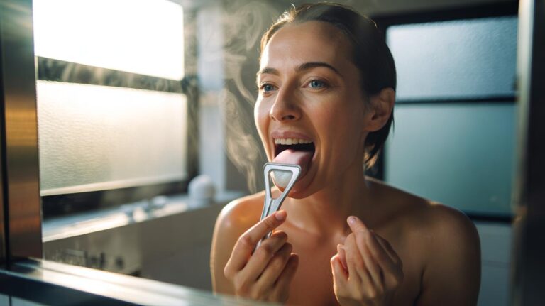 Illustration of a person using a tongue scraper on the back of the tongue to remove odour-causing biofilm