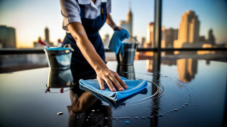 Illustration of a hotel housekeeper using a 2-euro microfiber cloth and water to clean a window without streaks