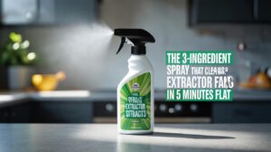 Illustration of a homemade three-ingredient spray being used to clean a greasy kitchen extractor fan and mesh filter