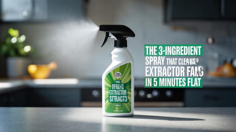 Illustration of a homemade three-ingredient spray being used to clean a greasy kitchen extractor fan and mesh filter