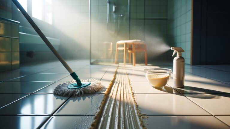Illustration of a simple baking soda paste applied to tile grout and wiped away after three minutes with a long-handled microfibre mop, avoiding kneeling