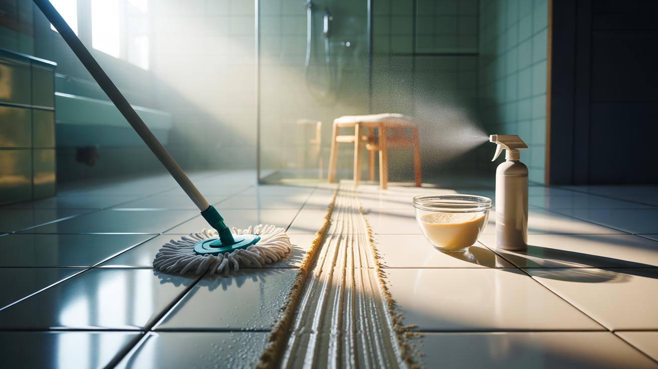 Illustration of a simple baking soda paste applied to tile grout and wiped away after three minutes with a long-handled microfibre mop, avoiding kneeling