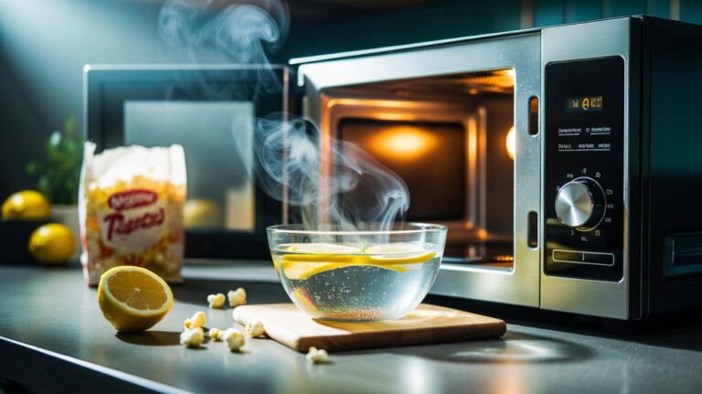 Illustration of a microwave with a bowl of lemon water and sliced lemons, steaming for 30 seconds to remove burnt popcorn odour