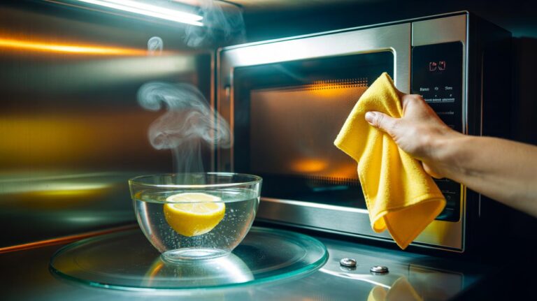 Illustration of the 30-second microwave steam cleaning method using lemon water, with a bowl inside and a cloth wiping the interior