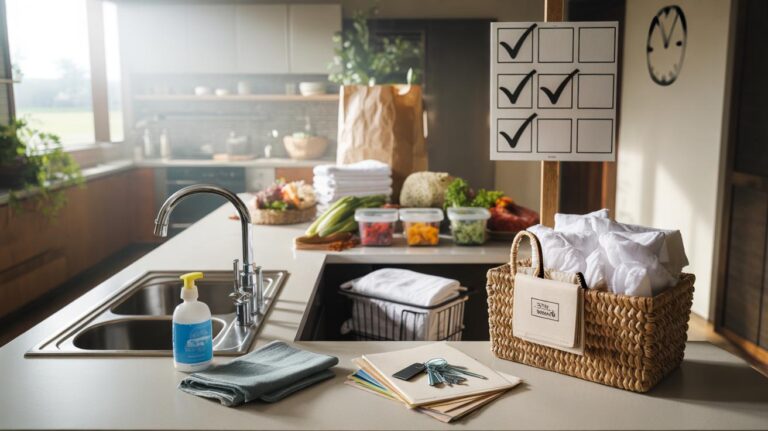 Illustration of a five-item Sunday home reset: decluttering hotspots, speed-cleaning kitchen and bathrooms, resetting laundry and linens, meal planning and restocking essentials, and setting up a weekly maintenance grid