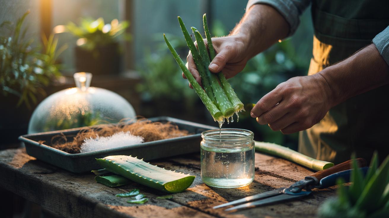 Illustration of plant cuttings being dipped in fresh aloe vera gel to promote rooting