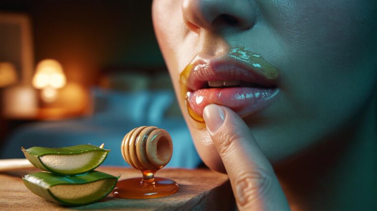 Illustration of an aloe vera and raw honey lip mask being applied to chapped lips and sealed with an occlusive for overnight moisture locking