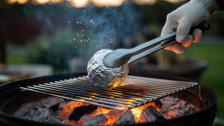 Illustration of a hand using a scrunched aluminium foil ball to scrape charred bits from stainless steel grill grates