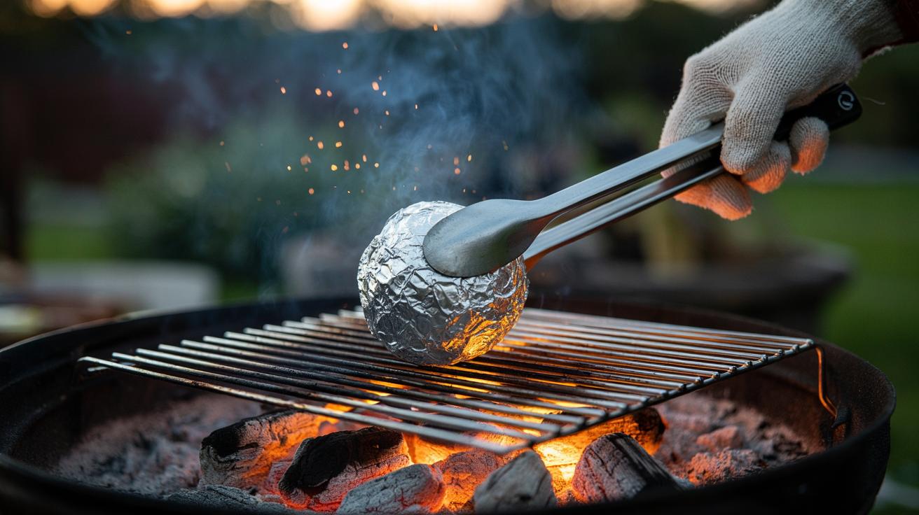 Illustration of a hand using a scrunched aluminium foil ball to scrape charred bits from stainless steel grill grates