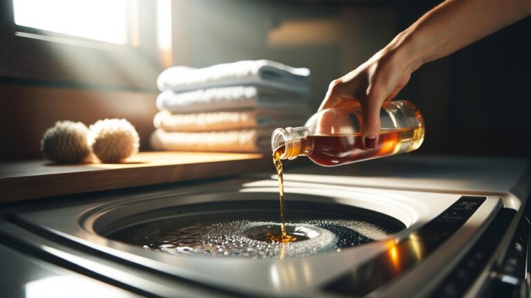 Illustration of apple cider vinegar being poured into the washing machine's rinse drawer to soften towels by dissolving detergent residue and limescale for fluffy, absorbent fabric