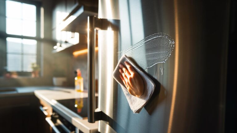 Illustration of a microfibre cloth applying a tiny drop of baby oil along the grain of a stainless steel fridge door to wipe away fingerprints