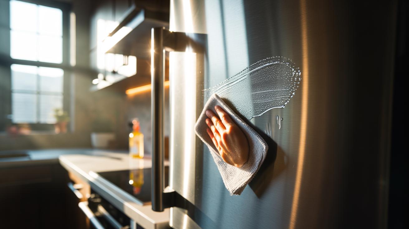 Illustration of a microfibre cloth applying a tiny drop of baby oil along the grain of a stainless steel fridge door to wipe away fingerprints