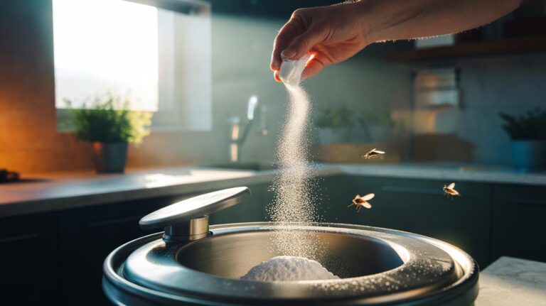 Illustration of baking soda powder being sprinkled into a kitchen bin to neutralise odours and repel flies
