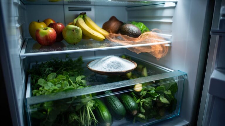Illustration of a refrigerator crisper drawer showing a small open box of baking soda beside leafy greens, with ethylene-producing fruit stored separately
