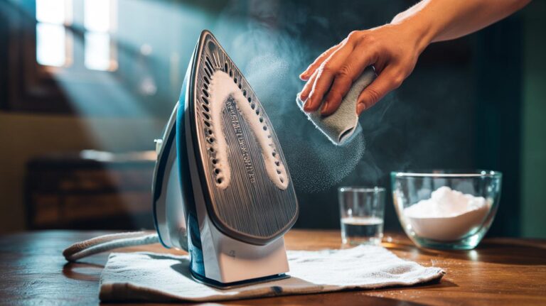 Illustration of a warm iron’s soleplate being cleaned with a gently fizzing baking soda paste to lift burnt starch and scorch marks