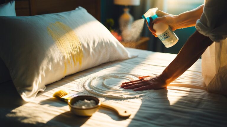 Illustration of applying a baking soda paste to yellow sweat stains on a pillow, with gentle fizz lifting the marks during cleaning