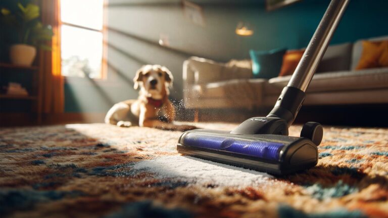 Illustration of baking soda sprinkled on a rug and vacuumed to remove pet odours