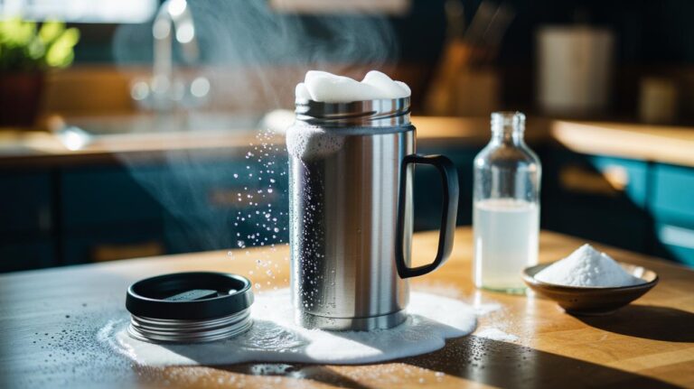 Illustration of a stainless steel travel mug being cleaned with baking soda and white vinegar, with fizzing bubbles circulating into the threads, slider channels, and silicone gasket
