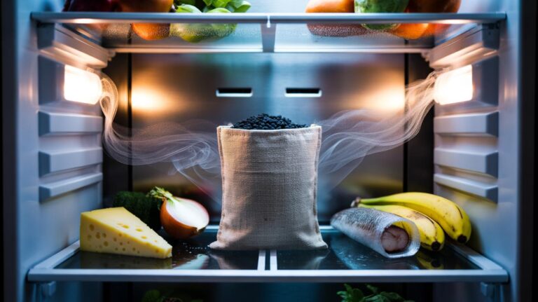 Illustration of a bamboo charcoal bag inside a refrigerator absorbing odours