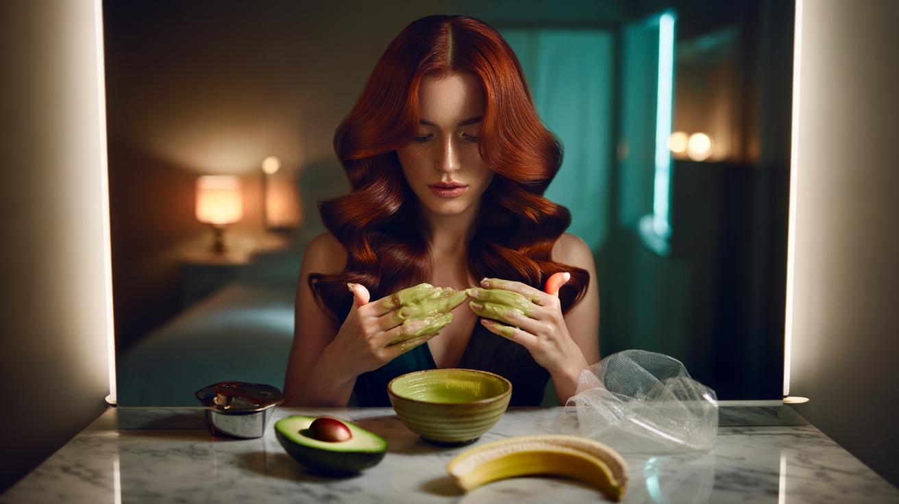 Illustration of a banana and avocado hair mask being applied to coloured hair overnight to restore vibrancy