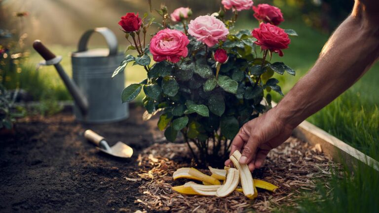 Illustration of banana peels being buried beneath rose bushes to supply potassium for continuous blooms