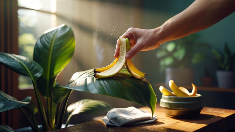 Illustration of a hand using the inside of a banana peel to polish a houseplant leaf, adding natural shine and helping to repel dust