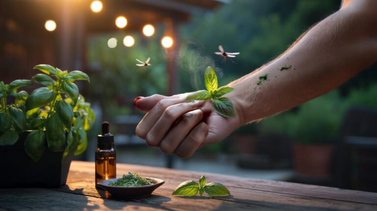 Illustration of a person applying a basil leaf rub with essential oils to the skin to repel mosquitoes