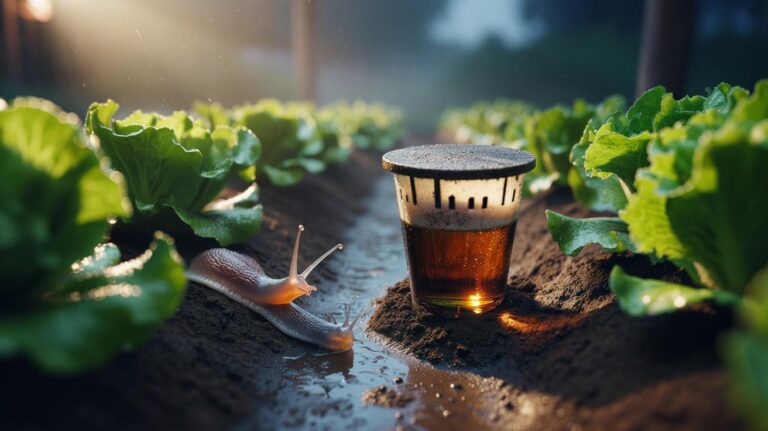 Illustration of a beer trap—a shallow, covered cup sunk flush with the soil beside lettuce—luring slugs and snails to a yeast-based bait