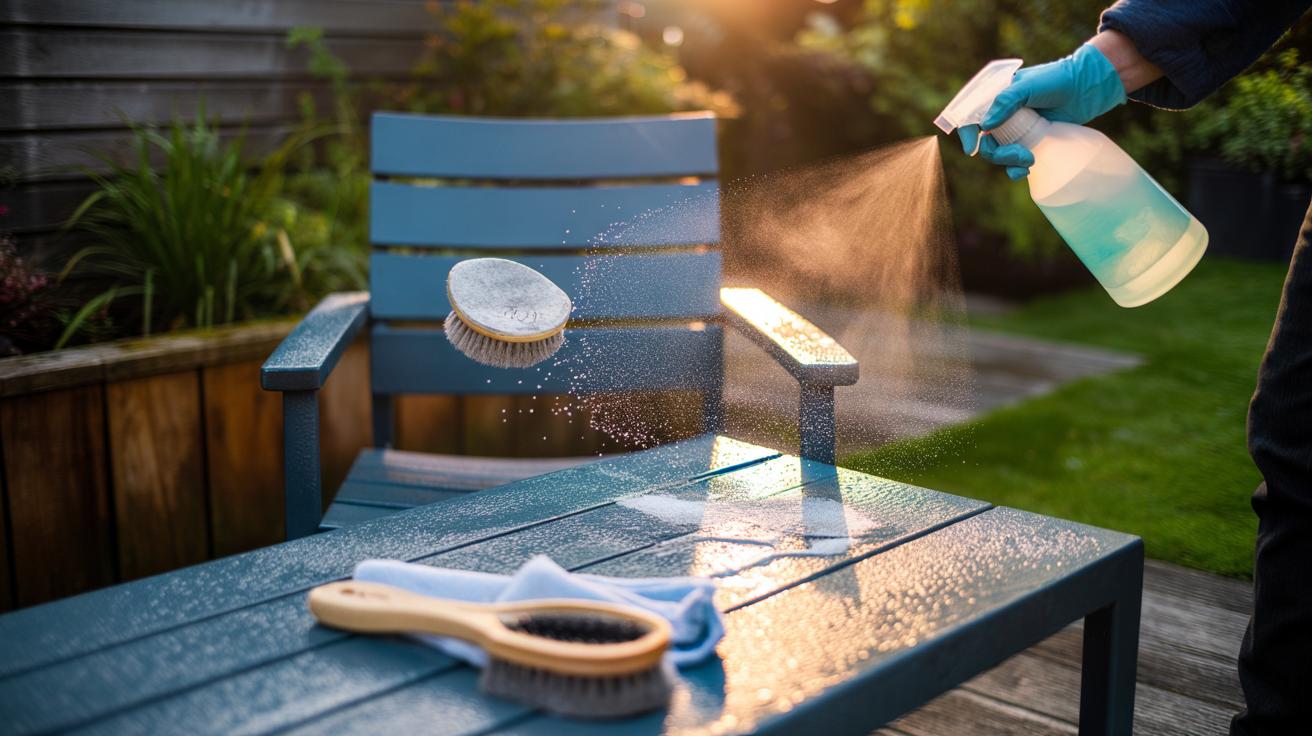 Illustration of borax being sprinkled onto outdoor patio furniture and gently scrubbed after misting to remove grime