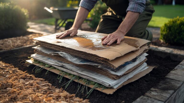 Illustration of overlapping cardboard and newspaper layers topped with mulch to block light and smother weeds in a garden bed.