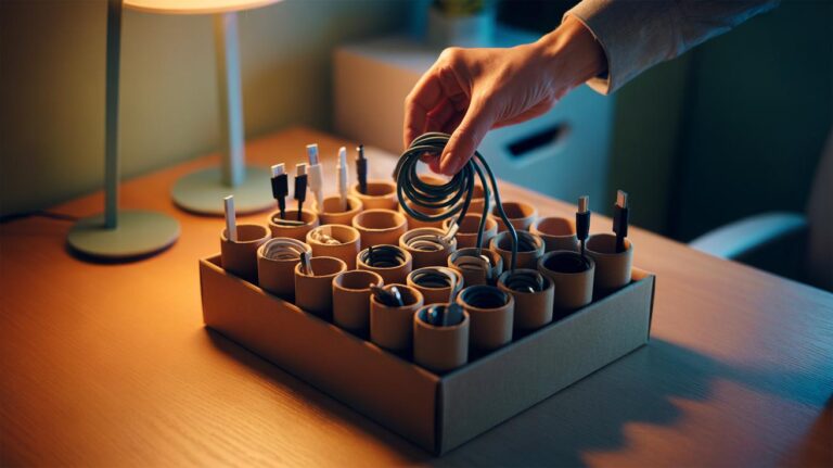 Illustration of coiled and labelled cables stored in cardboard tubes inside a shoebox organizer to prevent tangles