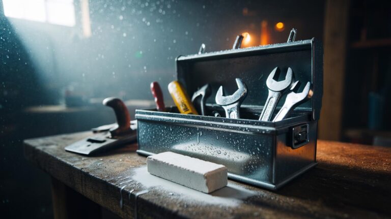 Illustration of a chalk stick inside an open toolbox with metal tools, absorbing moisture to keep metal dry and prevent rust