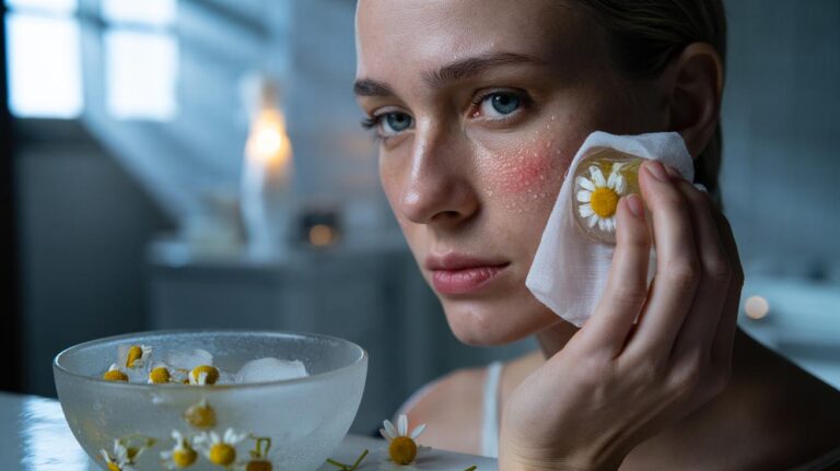 Illustration of chamomile ice cubes wrapped in cotton being applied to rosacea-prone cheeks to reduce redness.