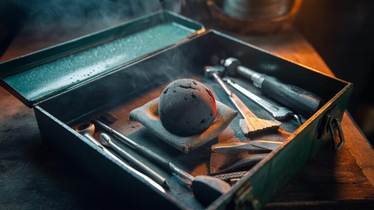 Illustration of a charcoal briquette in a metal toolbox alongside steel tools, used to absorb moisture and prevent rust