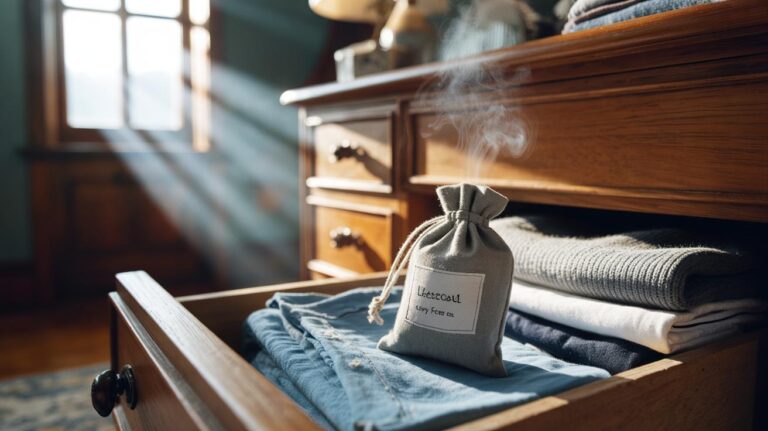 Illustration of an activated charcoal sachet placed in a clothes drawer, adsorbing moisture and musty odours