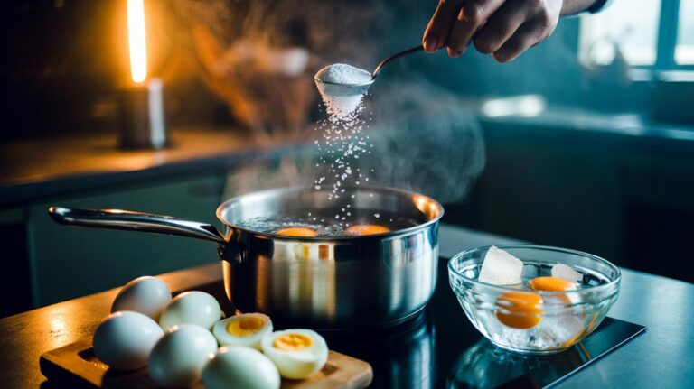 Illustration of baking soda being added to boiling water while cooking eggs for easy peeling