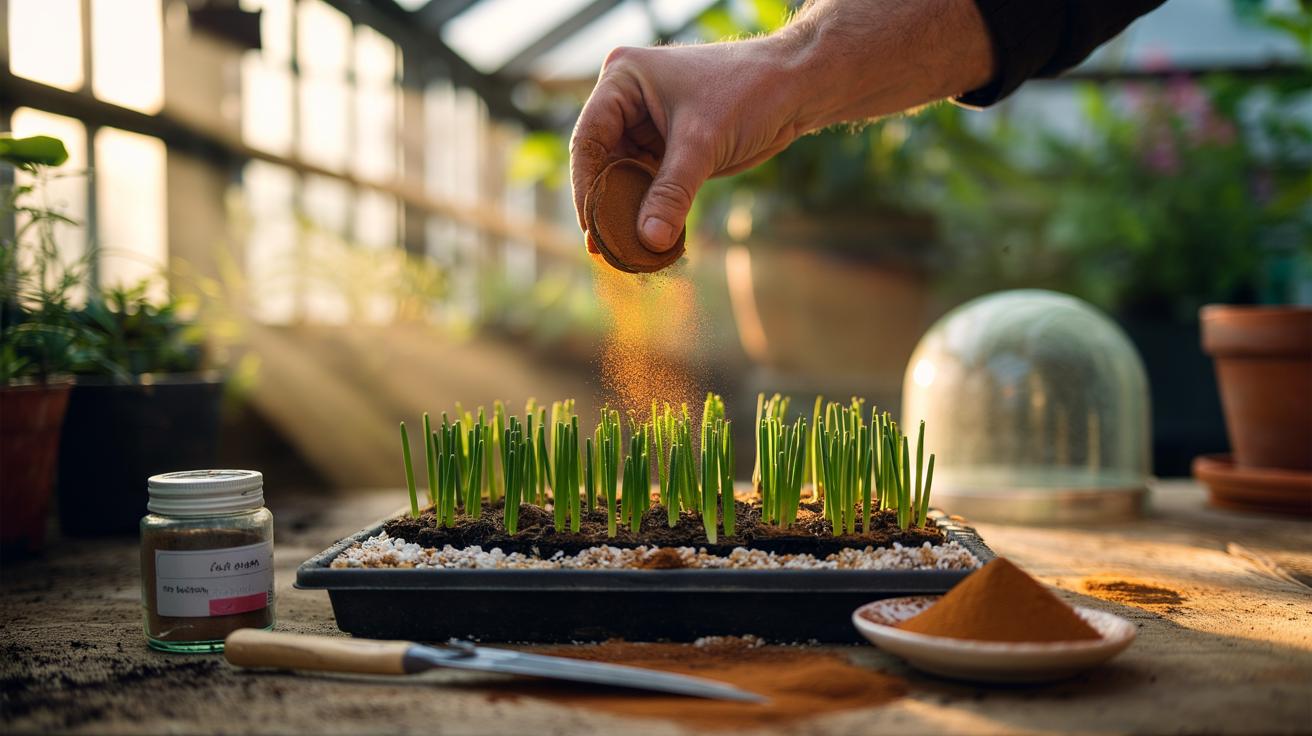 Illustration of cinnamon powder being dusted onto the basal ends of plant cuttings as an antifungal treatment to prevent rot