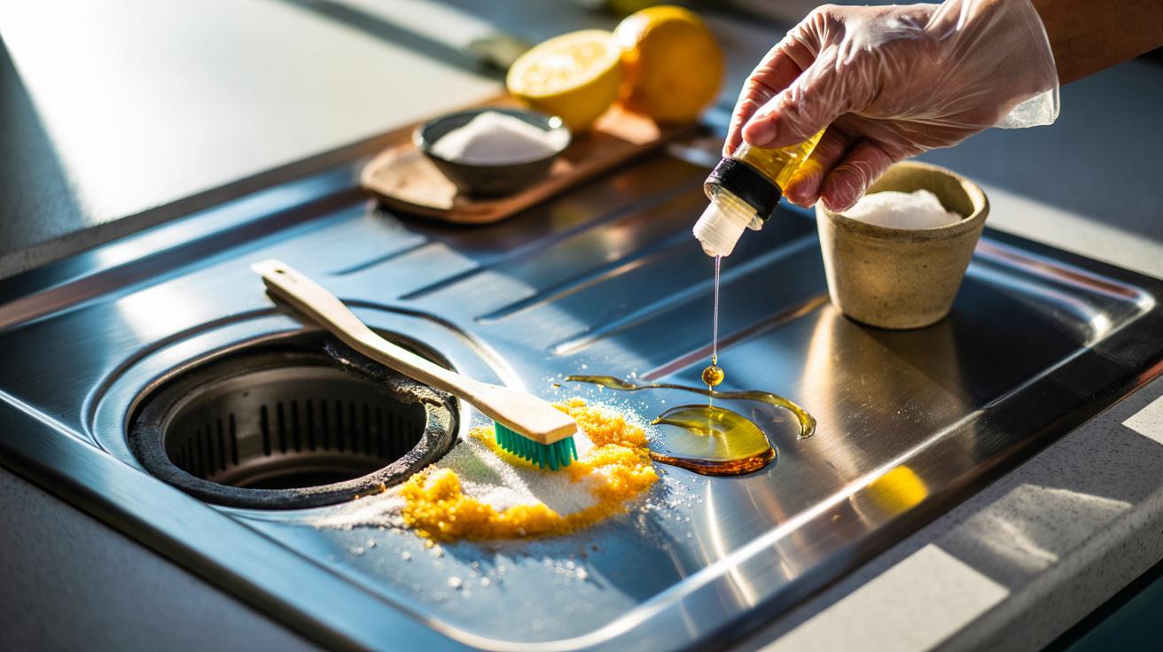 Illustration of a citrus zest rub being applied under a kitchen sink garbage disposal’s splash guard, using lemon or orange zest, coarse salt, bicarbonate of soda, and citrus essential oils to dissolve greasy residue and odours