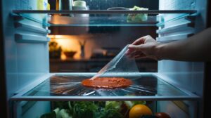 Illustration of cling film lining refrigerator shelves to catch spills and simplify clean-up