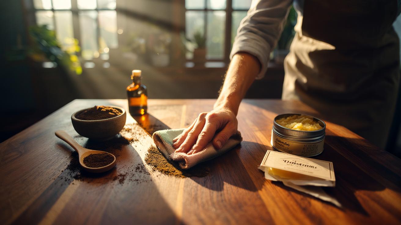 Illustration of using spent coffee grounds with a soft cloth to gently polish wooden furniture, restoring natural shine without chemical cleaners