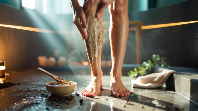 Illustration of a coffee and yogurt scrub being applied to legs to smooth strawberry legs and support microcirculation with caffeine