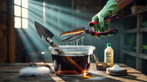 Illustration of rusty garden tools submerged in a container of cola during a rust-removal soak