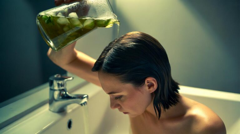 Illustration of a person applying a cold green tea rinse to the scalp to reduce hair oiliness, with caffeine regulating sebum all day