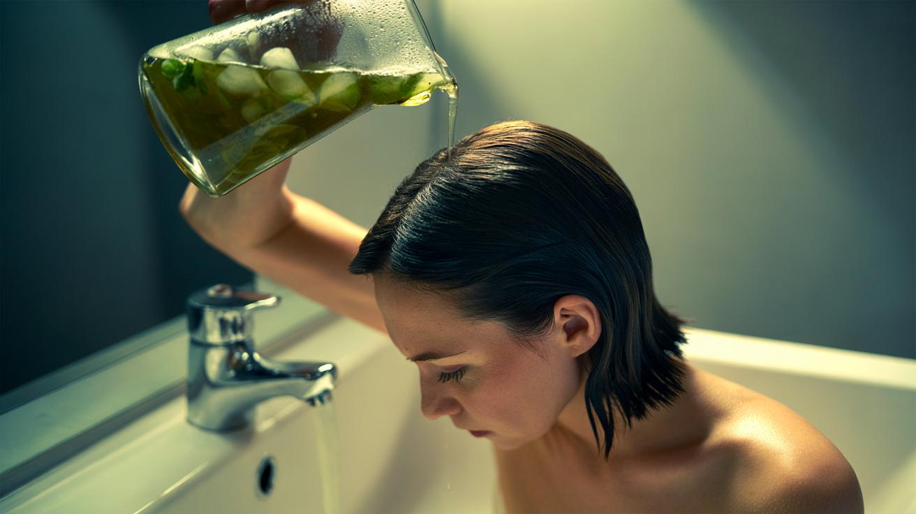 Illustration of a person applying a cold green tea rinse to the scalp to reduce hair oiliness, with caffeine regulating sebum all day