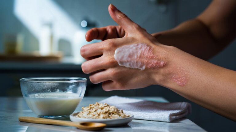 Illustration of a paste made from cold milk and finely ground oats being applied to red, irritated eczema-prone skin to soothe flare-ups