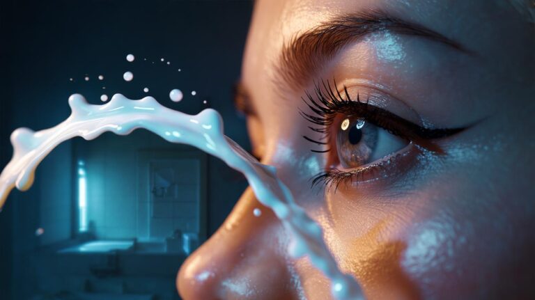 Illustration of a cold milk splash gently dissolving waterproof mascara from eyelashes